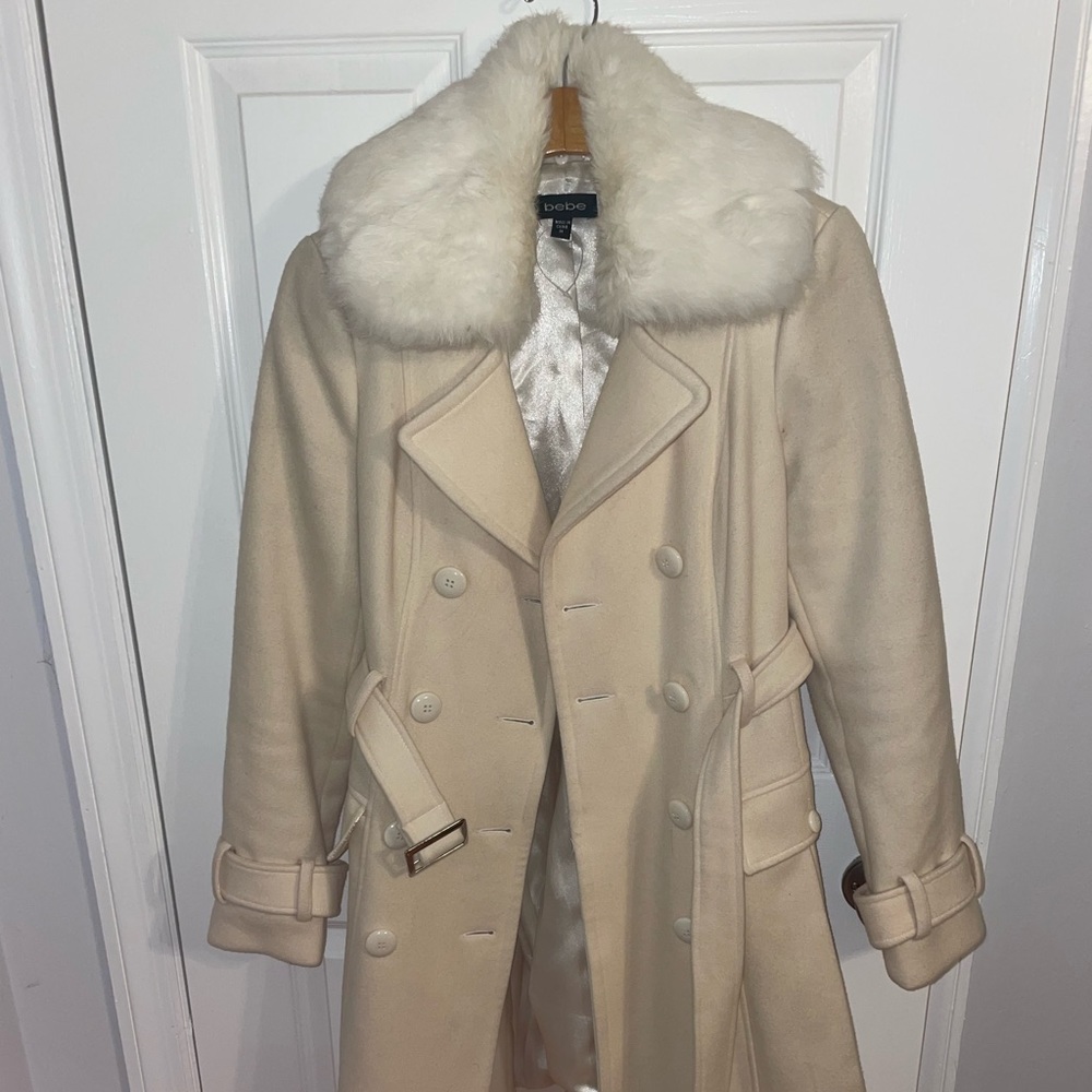 Bebe beige and white authentic rabbit fur collar coat